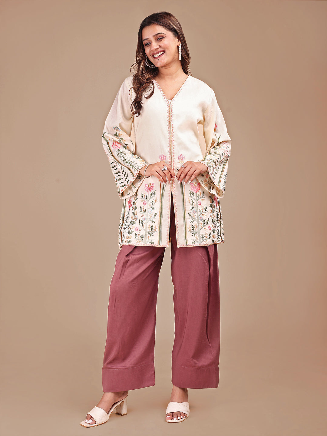 Cream & Rose Colored Embroidered Co-ord Set With Farshi Salwar